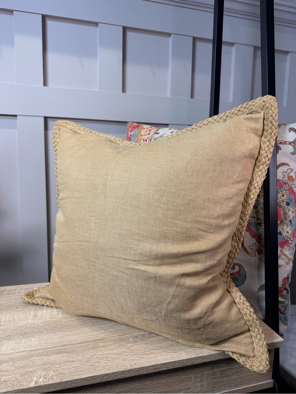Pottery Barn Braided Jute 100% Linen 21” Pillow with down insert Boho Indie